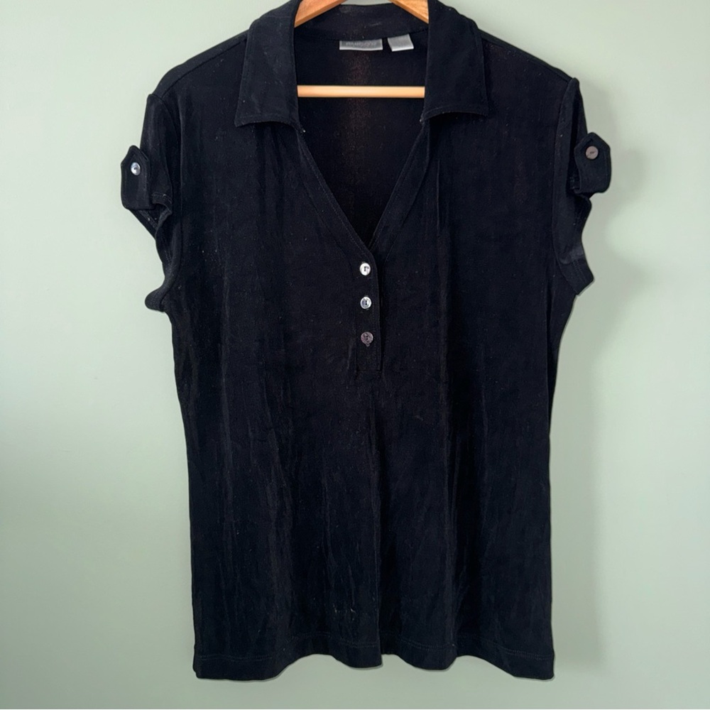 Chicos Travelers Womens Black Short Cap Sleeve Collared Shirt 2 L Slinky Travel